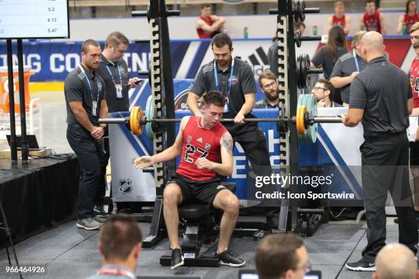 Giovanni Vallati completes the bench press test during the NHL Scouting Combine on June 2, 2018 at HarborCenter in Buffalo, New York.