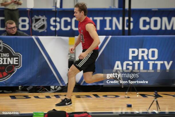 Ty Smith completes the pro agility test during the NHL Scouting Combine on June 2, 2018 at HarborCenter in Buffalo, New York.