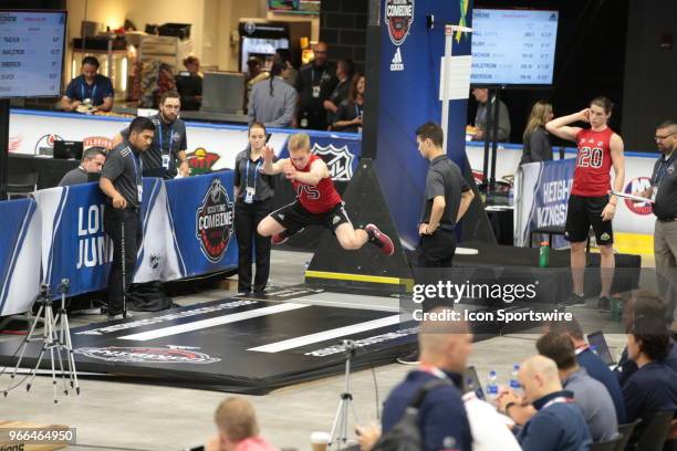 Jack Drury completes the long jump test during the NHL Scouting Combine on June 2, 2018 at HarborCenter in Buffalo, New York.