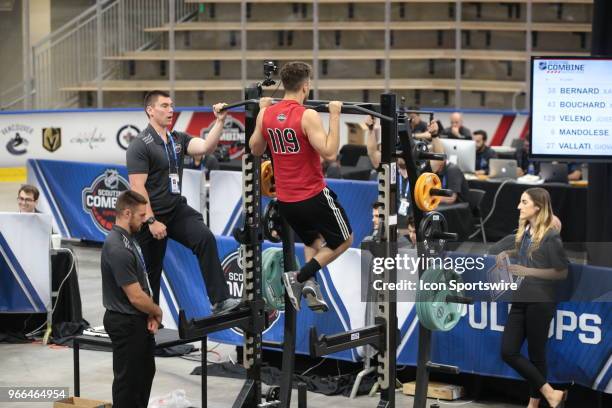 Benoit-Oliver Groulx completes the pull ups test during the NHL Scouting Combine on June 2, 2018 at HarborCenter in Buffalo, New York.