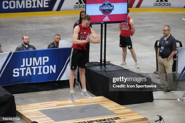 Brady Tkachuk completes the standing jump test during the NHL Scouting Combine on June 2, 2018 at HarborCenter in Buffalo, New York.