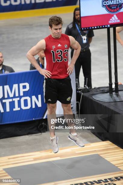 Oliver Wahlstrom completes the standing jump test during the NHL Scouting Combine on June 2, 2018 at HarborCenter in Buffalo, New York.