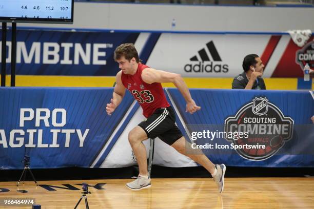Oliver Wahlstrom of completes the#2 completes the pro agility test during the NHL Scouting Combine on June 2, 2018 at HarborCenter in Buffalo, New...