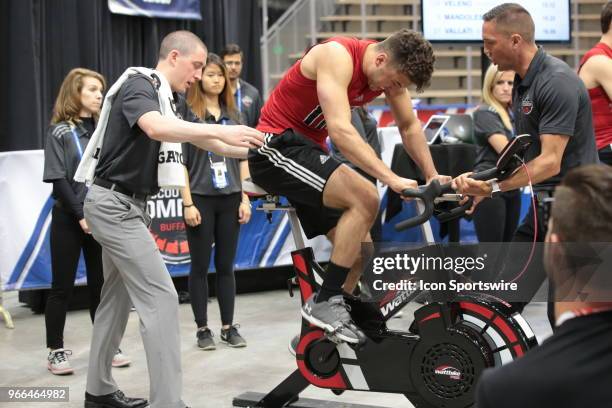 Benoit-Oliver Groulx of completes the#2 completes the Wingate cycle test during the NHL Scouting Combine on June 2, 2018 at HarborCenter in Buffalo,...