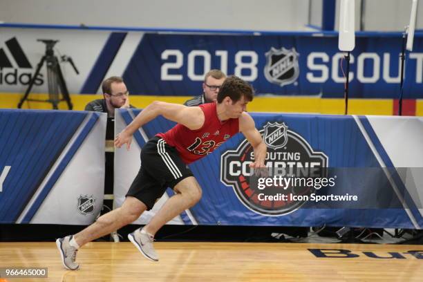 Oliver Wahlstrom of completes the#2 completes the pro agility test during the NHL Scouting Combine on June 2, 2018 at HarborCenter in Buffalo, New...