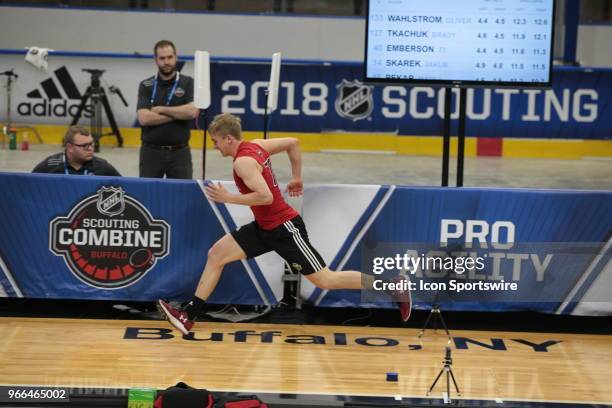 Jack Drury completes the pro agility test during the NHL Scouting Combine on June 2, 2018 at HarborCenter in Buffalo, New York.
