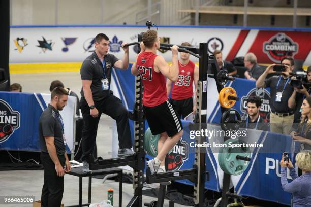 Brady Tkachuk completes the pull ups test during the NHL Scouting Combine on June 2, 2018 at HarborCenter in Buffalo, New York.