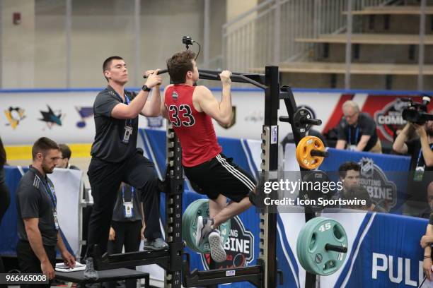 Oliver Wahlstrom completes the pull ups test during the NHL Scouting Combine on June 2, 2018 at HarborCenter in Buffalo, New York.