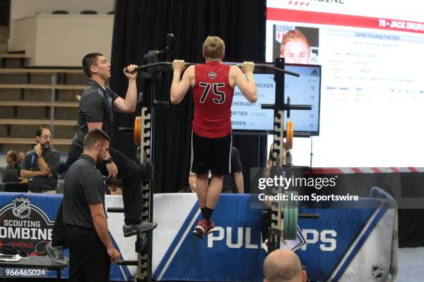 Jack Drury completes the pull ups test during the NHL Scouting Combine on June 2, 2018 at HarborCenter in Buffalo, New York.