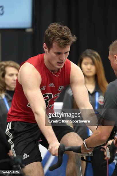 Oliver Wahlstrom completes the Wingate cycle test during the NHL Scouting Combine on June 2, 2018 at HarborCenter in Buffalo, New York.