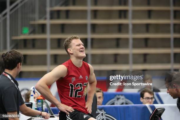 Brady Tkachuk completes the Wingate cycle test during the NHL Scouting Combine on June 2, 2018 at HarborCenter in Buffalo, New York.