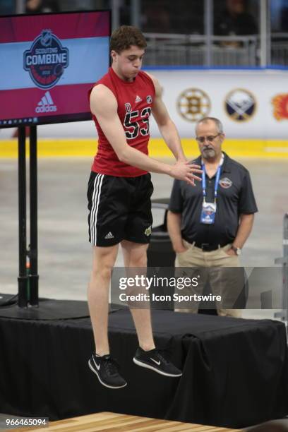Noah Dobson completes the standing jump test during the NHL Scouting Combine on June 2, 2018 at HarborCenter in Buffalo, New York.
