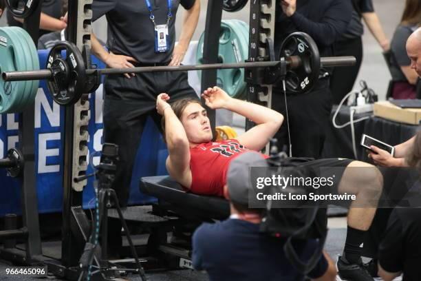 Filip Zadina completes the standing jump test during the NHL Scouting Combine on June 2, 2018 at HarborCenter in Buffalo, New York.
