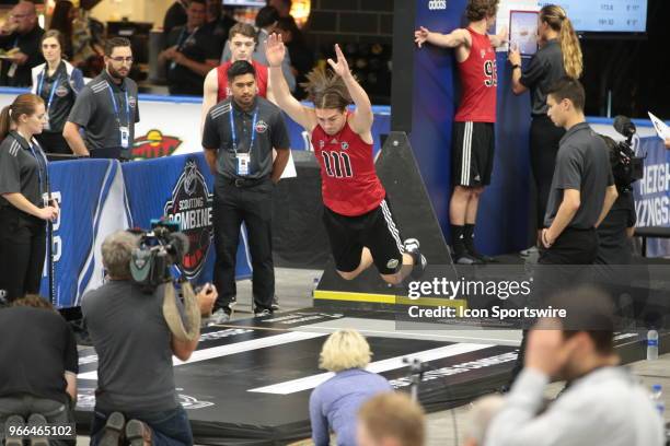 Filip Zadina completes the long jump test during the NHL Scouting Combine on June 2, 2018 at HarborCenter in Buffalo, New York.