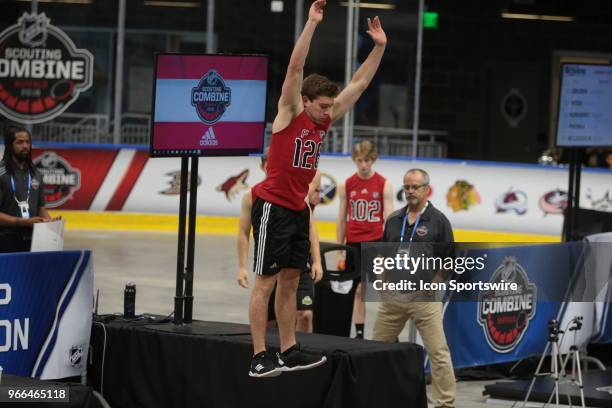 Jacob Pivonka completes the standing jump test during the NHL Scouting Combine on June 2, 2018 at HarborCenter in Buffalo, New York.