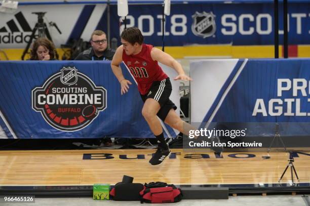 Filip Zadina completes the pro agility test during the NHL Scouting Combine on June 2, 2018 at HarborCenter in Buffalo, New York.