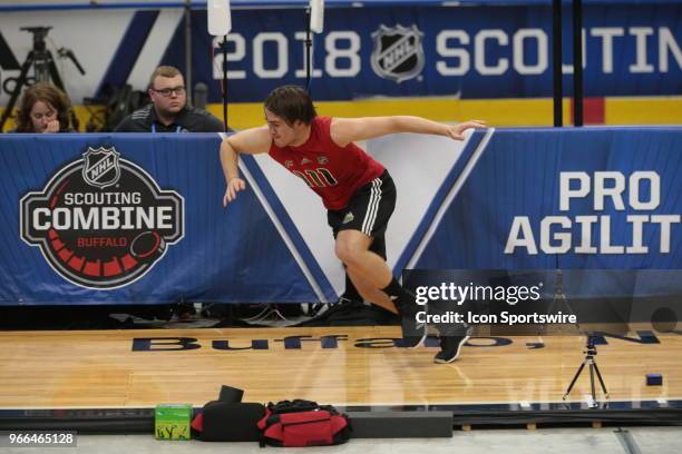 Filip Zadina completes the pro agility test during the NHL Scouting Combine on June 2, 2018 at HarborCenter in Buffalo, New York.