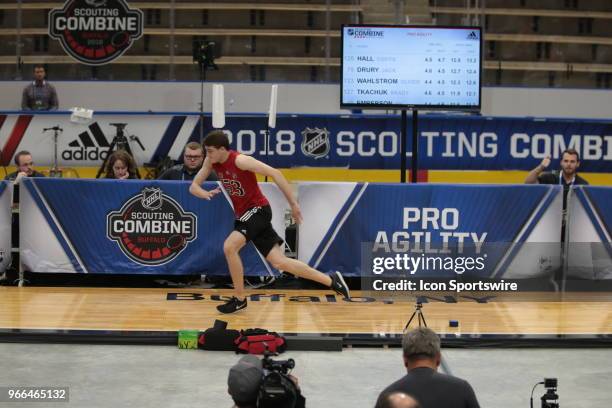 Noah Dobson completes the pro agility test during the NHL Scouting Combine on June 2, 2018 at HarborCenter in Buffalo, New York.
