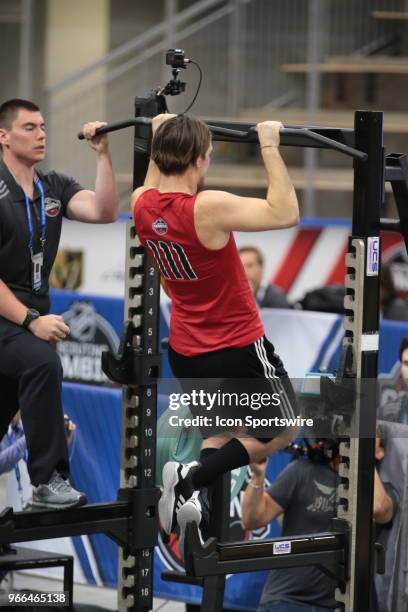 Filip Zadina completes the pull ups test during the NHL Scouting Combine on June 2, 2018 at HarborCenter in Buffalo, New York.