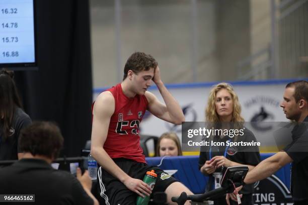 Noah Dobson completes the Wingate cycle test during the NHL Scouting Combine on June 2, 2018 at HarborCenter in Buffalo, New York.