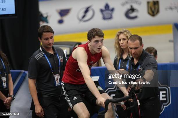 Noah Dobson completes the Wingate cycle test during the NHL Scouting Combine on June 2, 2018 at HarborCenter in Buffalo, New York.