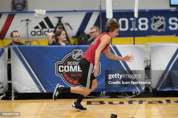 Blake Mclaughlin completes the pro agility test during the NHL Scouting Combine on June 2, 2018 at HarborCenter in Buffalo, New York.