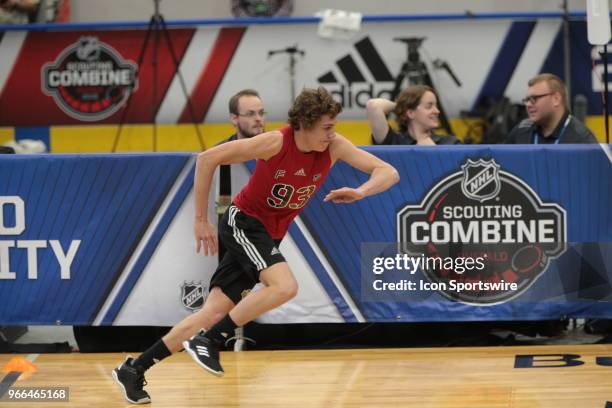 Blake Mclaughlin completes the pro agility test during the NHL Scouting Combine on June 2, 2018 at HarborCenter in Buffalo, New York.