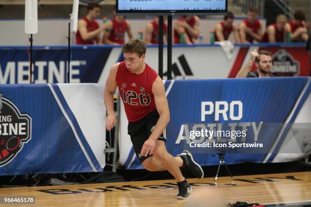 Jacob Pivonka completes the pro agility test during the NHL Scouting Combine on June 2, 2018 at HarborCenter in Buffalo, New York.