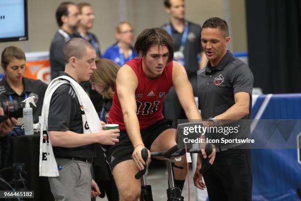 Filip Zadina completes the Wingate cycle test during the NHL Scouting Combine on June 2, 2018 at HarborCenter in Buffalo, New York.