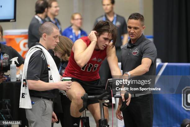 Filip Zadina completes the Wingate cycle test during the NHL Scouting Combine on June 2, 2018 at HarborCenter in Buffalo, New York.