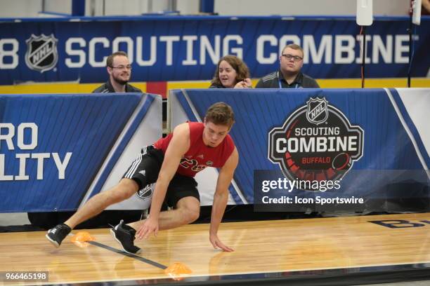 Jacob Pivonka completes the pro agility test during the NHL Scouting Combine on June 2, 2018 at HarborCenter in Buffalo, New York.