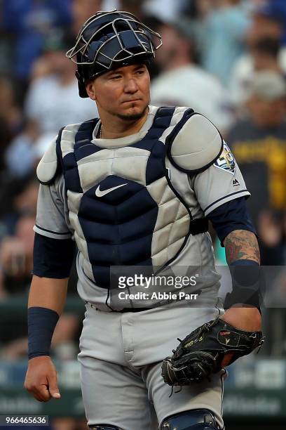 Jesus Sucre of the Tampa Bay Rays reacts after giving up an RBI double to Kyle Seager of the Seattle Mariners in the third inning during their game...
