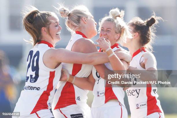 Marlee Tatham of the Scorpions celebrates a goal during the round five VFL match between Williamstown and Casey at Williamstown Football Ground on...