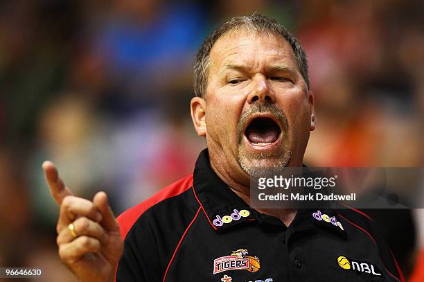Tigers coach Alan Westover makes a point to the referee during the round 20 NBL match between the Melbourne Tigers and the Gold Coast Blaze at the...