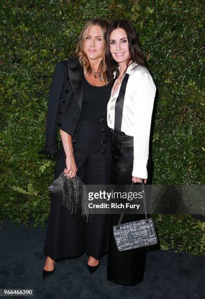 Jennifer Aniston and Courteney Cox attend the CHANEL Dinner Celebrating Our Majestic Oceans, A Benefit For NRDC on June 2, 2018 in Malibu, California.