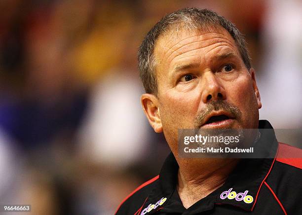 Tigers coach Alan Westover makes a point to the referee during the round 20 NBL match between the Melbourne Tigers and the Gold Coast Blaze at the...