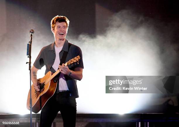 Shawn Mendes performs onstage during the 2018 iHeartRadio Wango Tango by AT&T at Banc of California Stadium on June 2, 2018 in Los Angeles,...