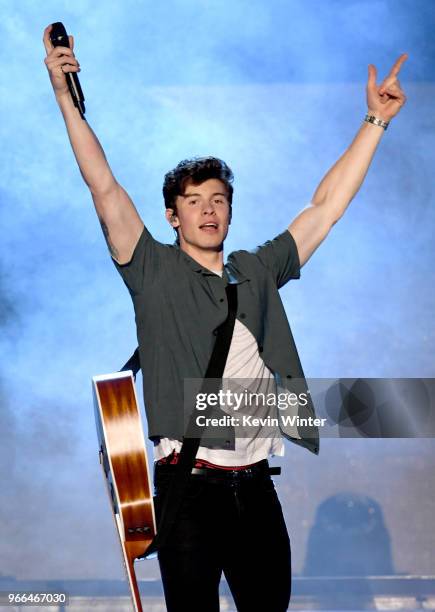 Shawn Mendes performs onstage during the 2018 iHeartRadio Wango Tango by AT&T at Banc of California Stadium on June 2, 2018 in Los Angeles,...