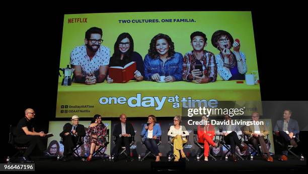 Moderator Dominic Patten, executive producers Norman Lear, Gloria Calderon Kellett and Mike Royce, actors Justina Machado, Rita Moreno, Isabella...