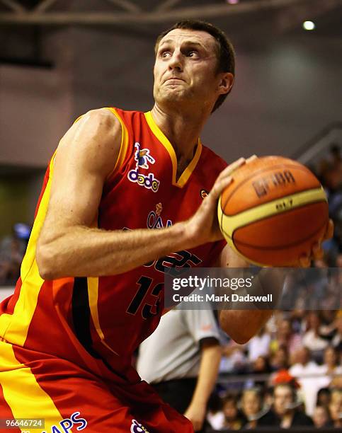 Retiring Tigers greats Chris Anstey shoots for goal during the round 20 NBL match between the Melbourne Tigers and the Gold Coast Blaze at the State...