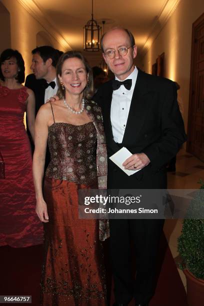 Nikolaus von Bomhard and his wife arrive for the Hubert Burda Birthday Reception at Munich royal palace on February 12, 2010 in Munich, Germany.