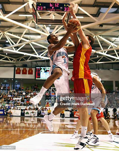 Mika Vukona of the Blaze drives to the basket during the round 20 NBL match between the Melbourne Tigers and the Gold Coast Blaze at the State...