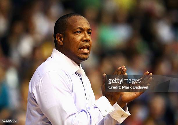 Blaze coach Joey Wright encourages his players during the round 20 NBL match between the Melbourne Tigers and the Gold Coast Blaze at the State...