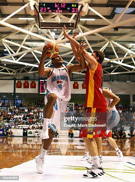 Mika Vukona of the Blaze drives to the basket during the round 20 NBL match between the Melbourne Tigers and the Gold Coast Blaze at the State...