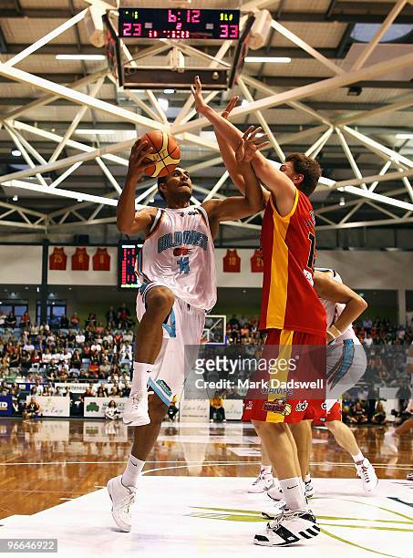 Mika Vukona of the Blaze drives to the basket during the round 20 NBL match between the Melbourne Tigers and the Gold Coast Blaze at the State...