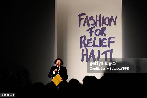 Fran Lebowitz speaks at the runway at Naomi Campbell's Fashion For Relief Haiti NYC 2010 Fashion Show during Mercedes-Benz Fashion Week at The Tent...