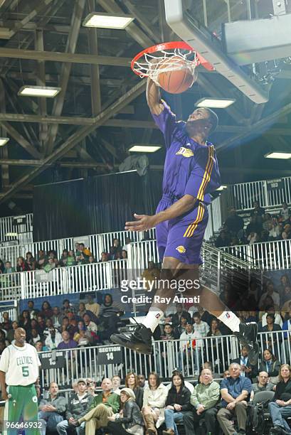 Dar Tucker of the Los Angeles D-Fenders attempts a dunk during the Slam Dunk Contest as part of the NBA D-League Dream Factory Friday Night presented...