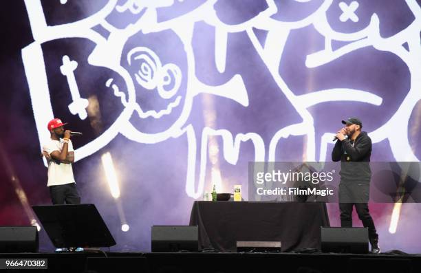 Desus and The Kid Mero perform during 'The Bodega Boys Live' on the Bill Graham Stage during Clusterfest at Civic Center Plaza and The Bill Graham...