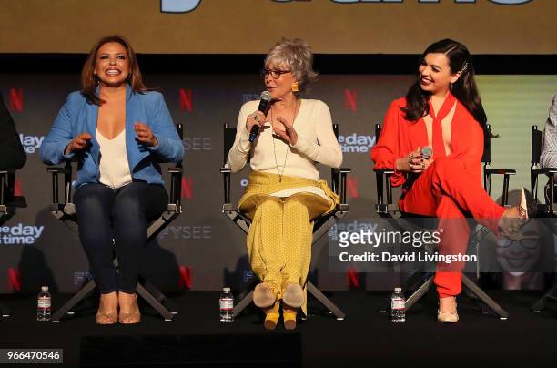 Actresses Justina Machado, Rita Moreno and Isabella Gomez appear on stage at the #NETFLIXFYSEE event for "One Day at a Time" at Netflix FYSEE at...
