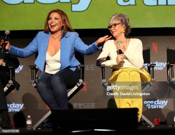 Actresses Justina Machado amd Rita Moreno appear on stage at the #NETFLIXFYSEE event for "One Day at a Time" at Netflix FYSEE at Raleigh Studios on...